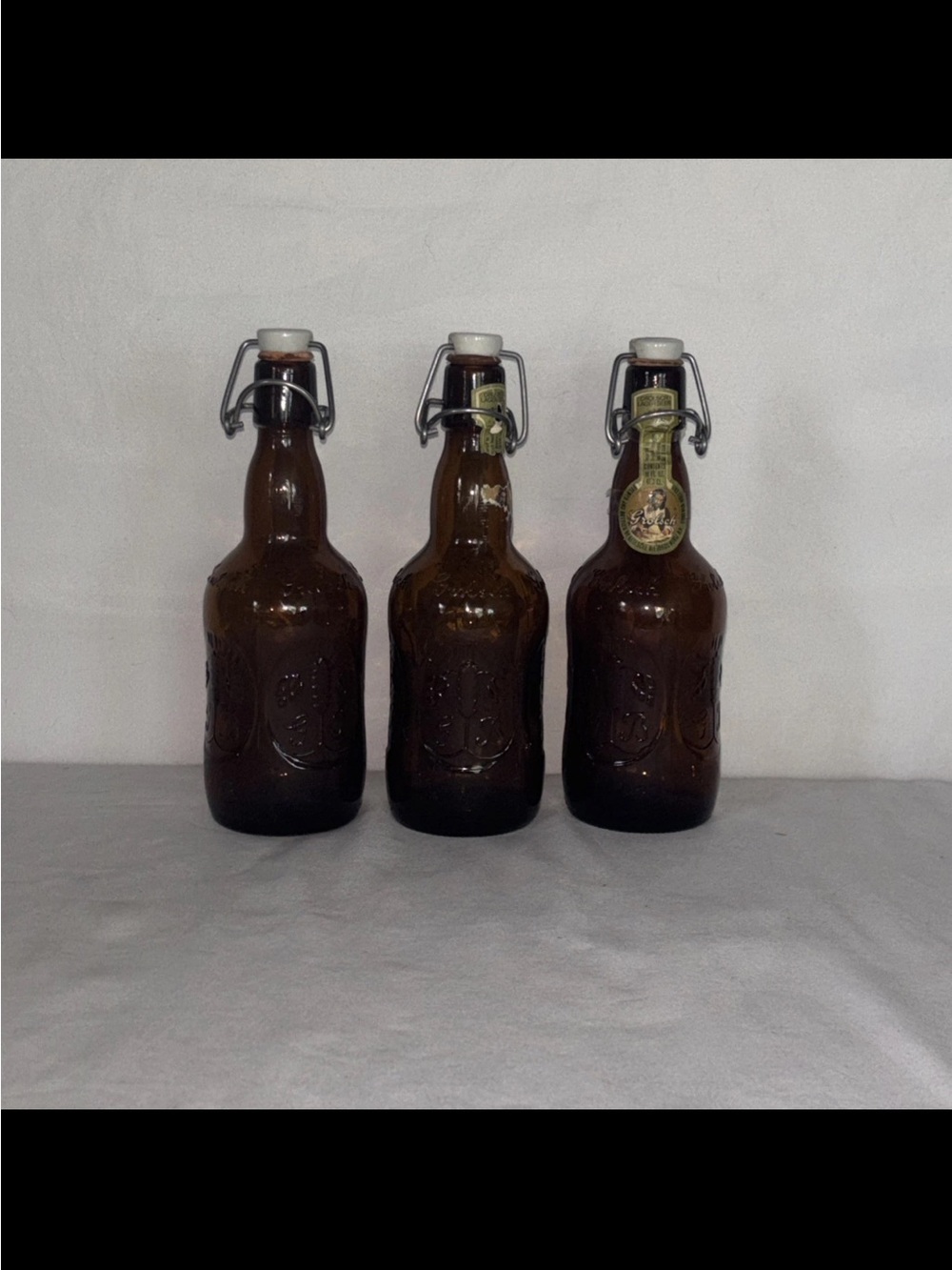 Set of 3 Vintage Grolsch Swing-Top Amber Beer Bottles w/ Porcelain Caps